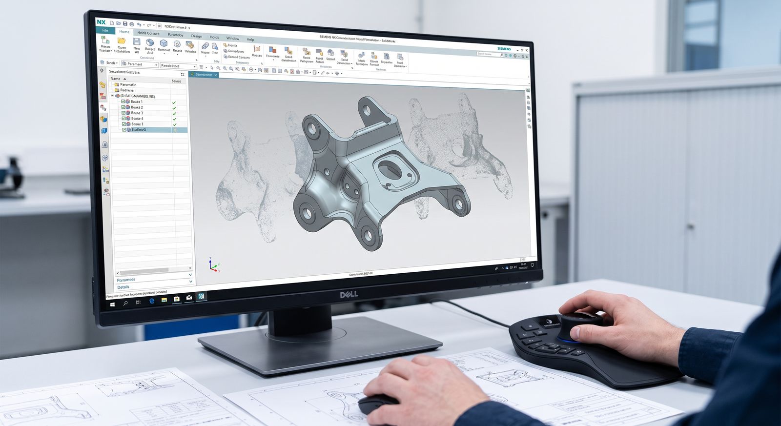 Am Bildschirm entsteht aus den Scandaten ein 3D-Modell des Bauteils, davor liegen technische Zeichnungen