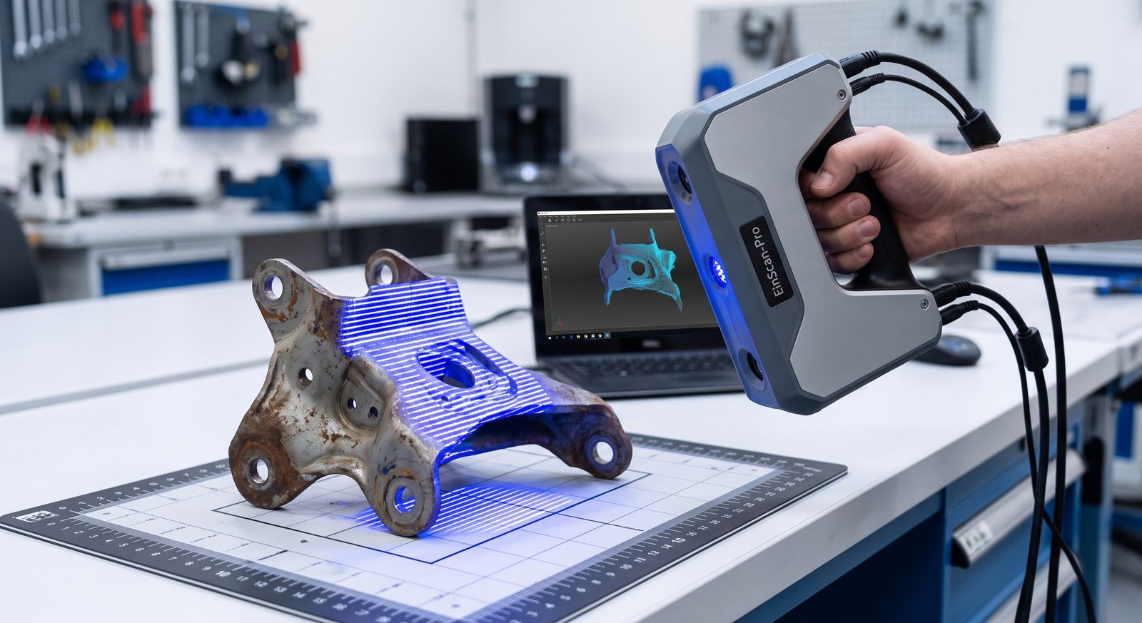 Ein Handscanner erfasst ein altes Bauteil mit blauem Streifenlicht, im Hintergrund erscheint das Scanbild am Rechner